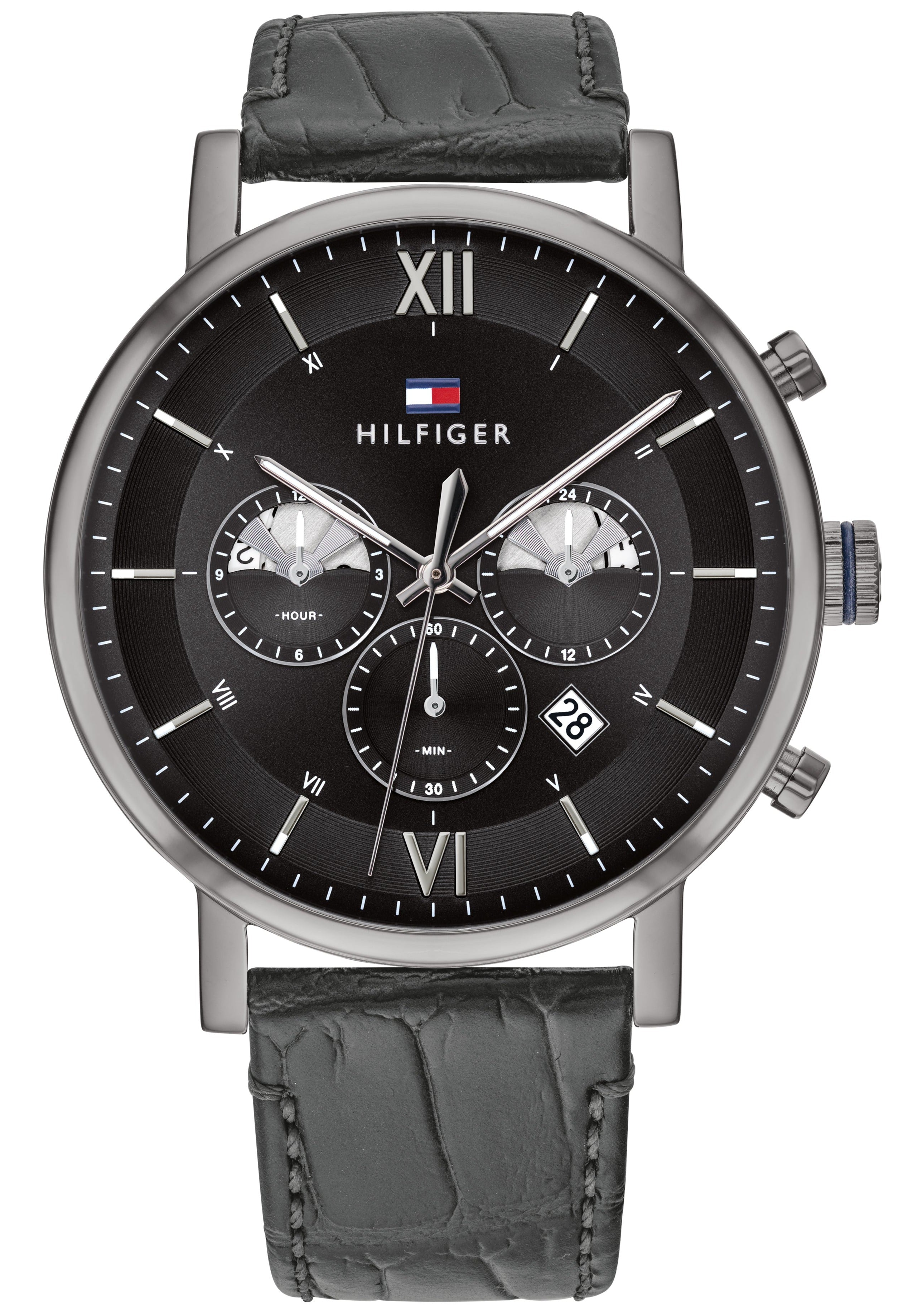 Tommy Hilfiger Evan chronograph watch with black dial, Roman numerals, and grey leather strap