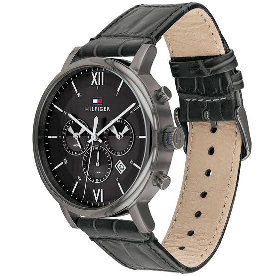 Side view of Tommy Hilfiger Evan watch showing black crocodile leather strap detail