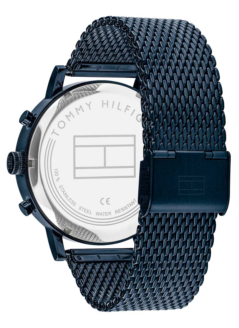 Tommy Hilfiger Evan watch caseback showing transparent display and stainless steel construction