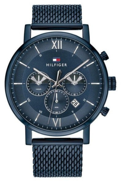 Tommy Hilfiger Evan men's watch with blue dial, chronograph subdials, mesh strap, and Roman numerals