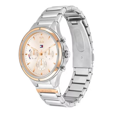 Tommy Hilfiger Eve chronograph watch with cream dial and silver steel bracelet, angled view
