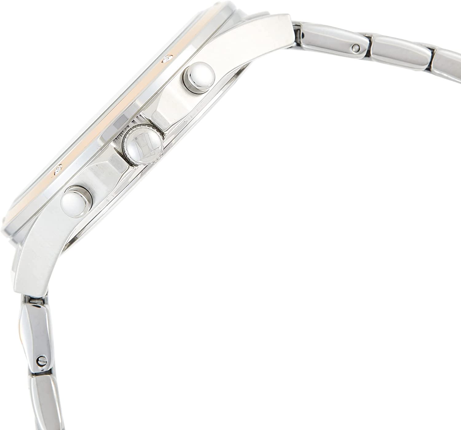 Side profile of Tommy Hilfiger Eve watch showing chronograph pushers and silver steel case