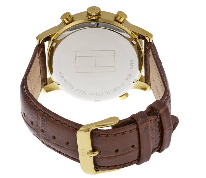 Caseback of Tommy Hilfiger GMT watch showing stainless steel with water resistance marking