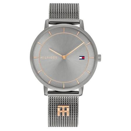 Tommy Hilfiger grey mesh women's watch with grey dial and rose gold hands
