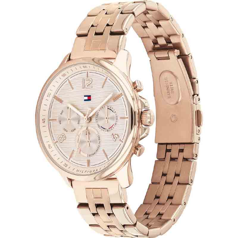 Tommy Hilfiger Harper watch shown at angle with rose gold metal bracelet and chronograph subdials