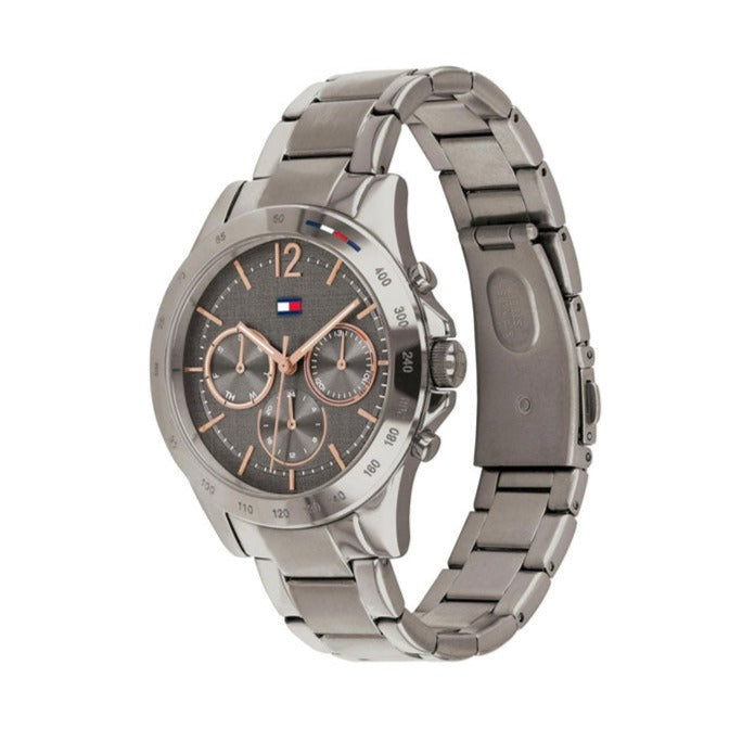 Tommy Hilfiger Haven watch at angle showing grey stainless steel bracelet and chronograph subdials