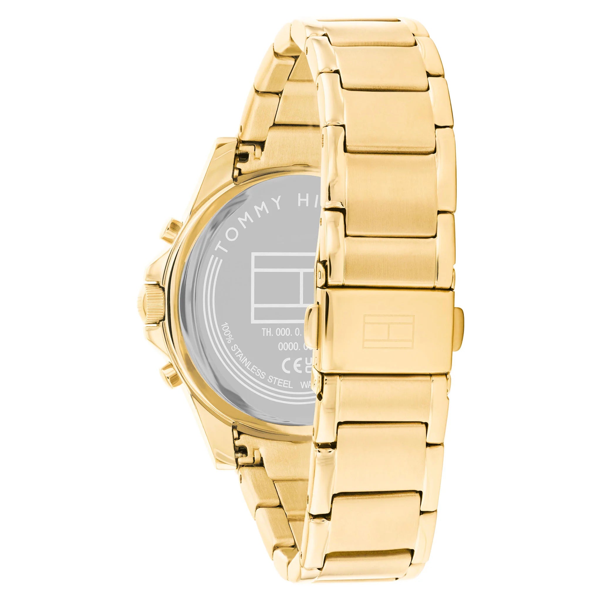 Tommy Hilfiger Haven watch caseback showing gold stainless steel construction and engraved details