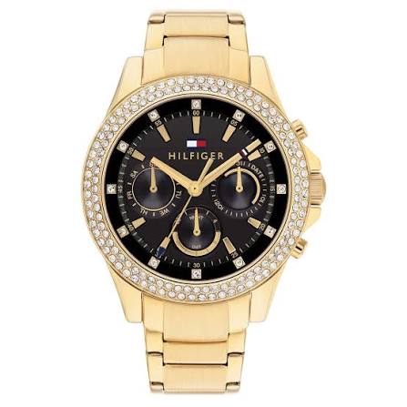 Tommy Hilfiger Haven ladies watch with black dial, diamond bezel, gold stainless steel strap