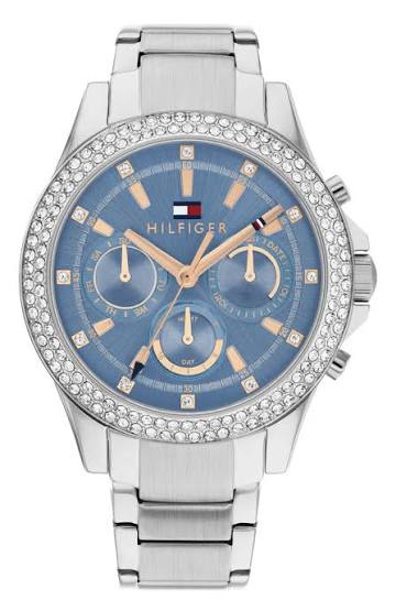 Tommy Hilfiger Haven women's watch with blue dial, crystal-set bezel, and rose gold chronograph hands