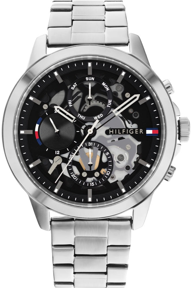 Tommy Hilfiger HENRY men's watch with silver steel bracelet and black skeleton dial