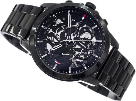 Angled view of Tommy Hilfiger Henry skeleton chronograph watch with steel bracelet