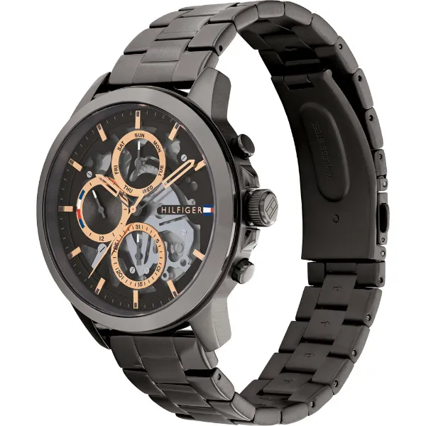 Tommy Hilfiger Henry men's chronograph watch side view displaying grey bracelet and case