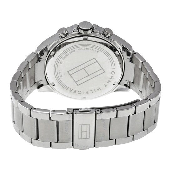 Stainless steel caseback of Tommy Hilfiger Hudson watch with engraved branding