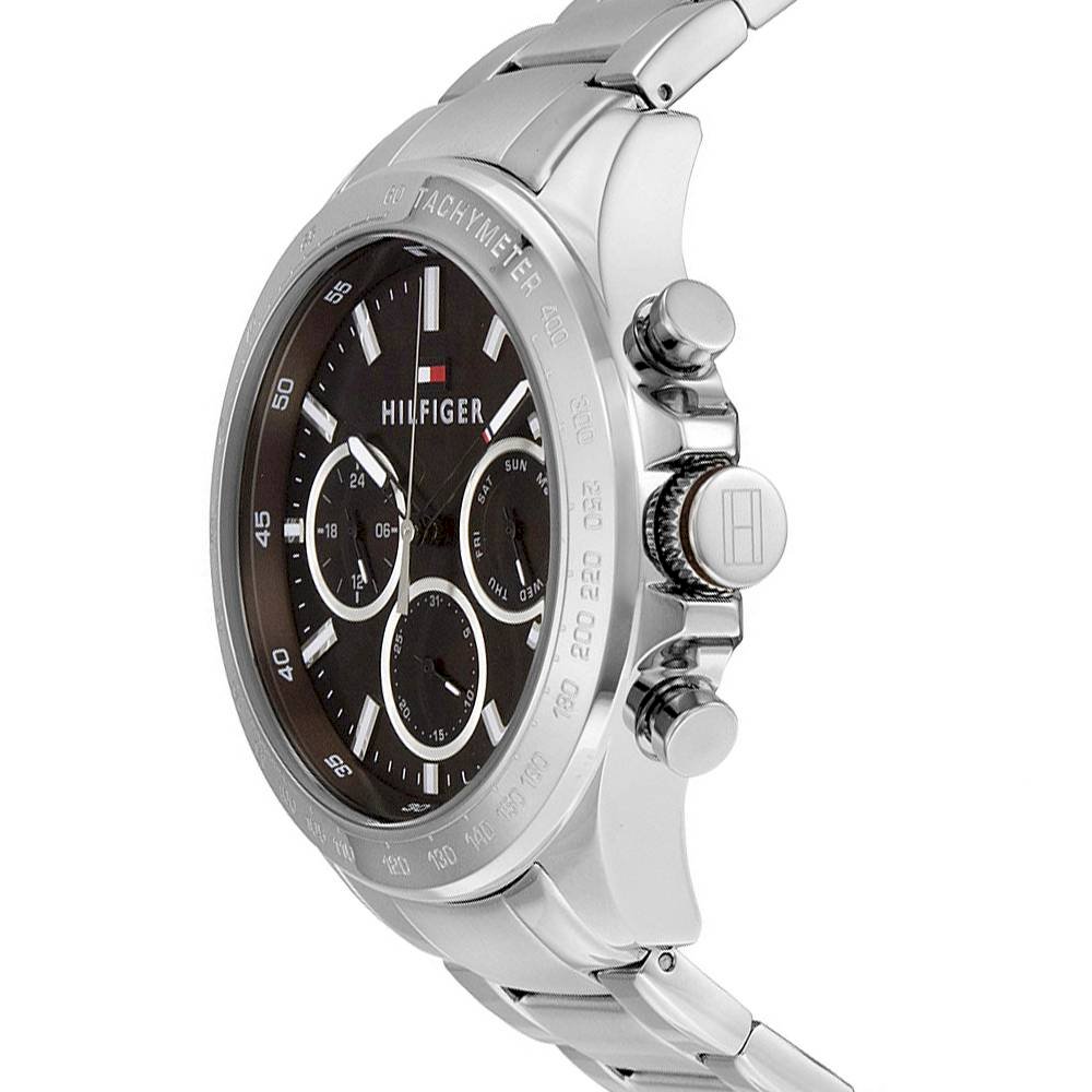 Side profile of Tommy Hilfiger Hudson watch with chronograph pushers and stainless steel bracelet