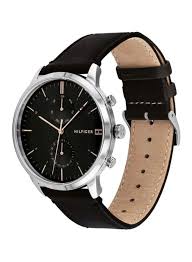 Side view of Tommy Hilfiger Hunter watch showing black leather strap and chronograph subdials