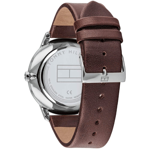 Tommy Hilfiger Hunter watch caseback showing stainless steel case back and brown leather strap