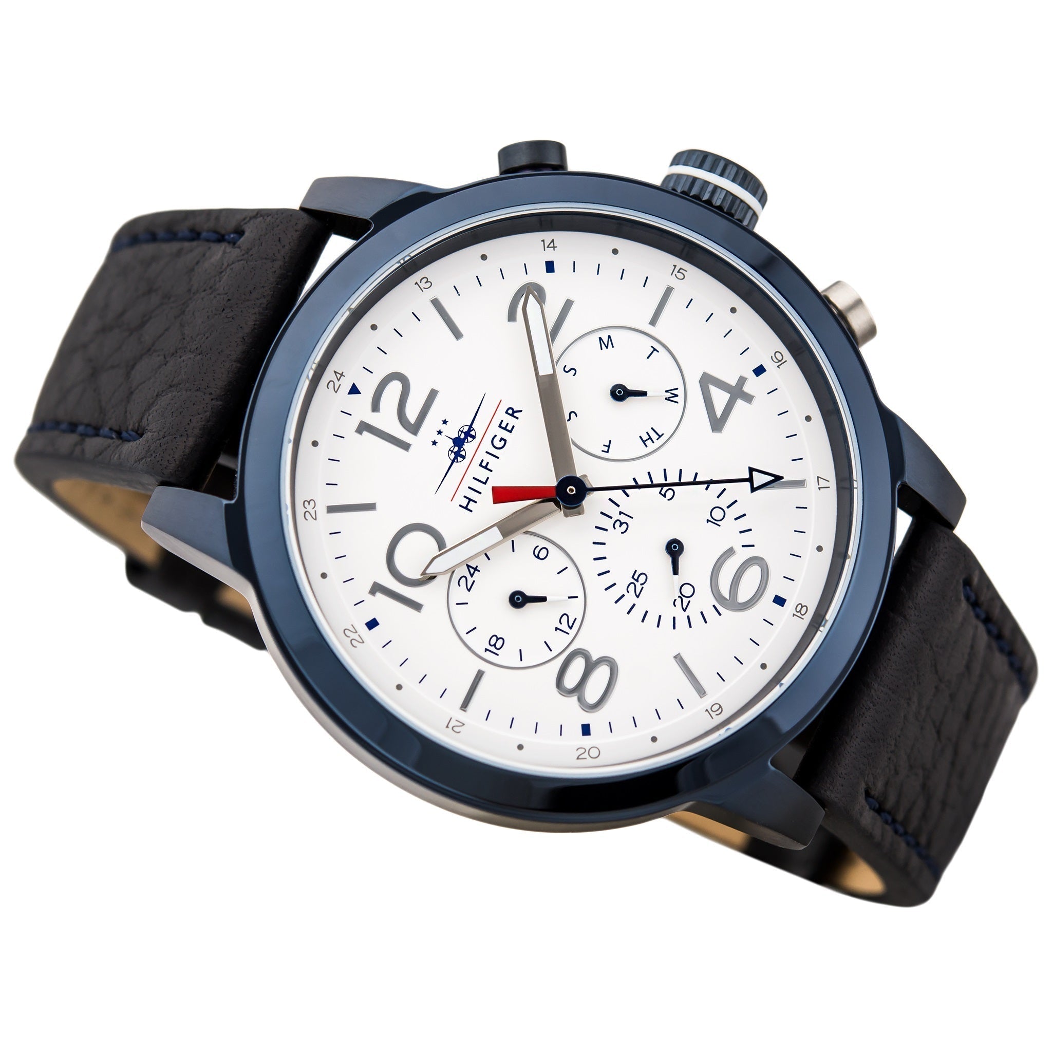Dial detail of Tommy Hilfiger Jake chronograph with white face and multiple subdials