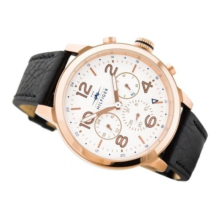 Tommy Hilfiger Jake chronograph watch at angle showing white dial and black leather strap
