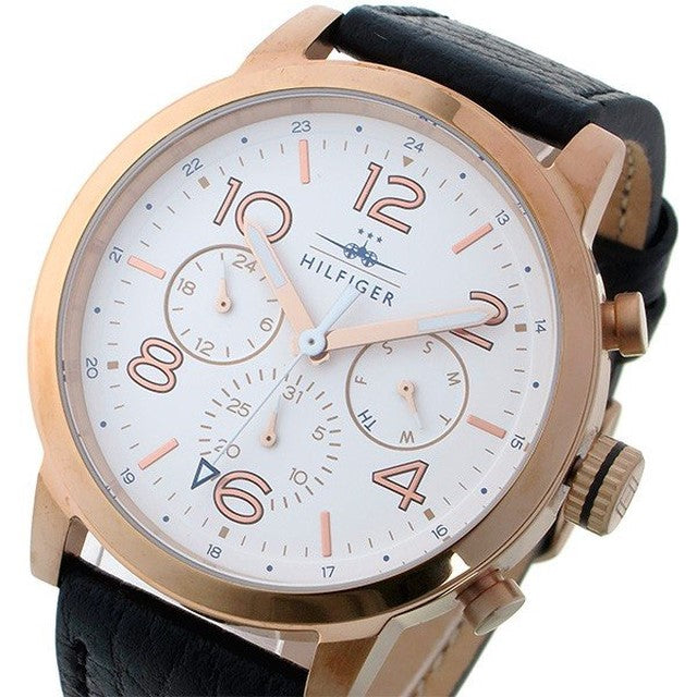 Tommy Hilfiger Jake watch side view displaying rose gold case and black leather strap