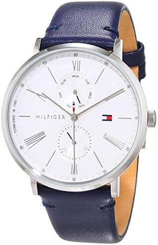 Tommy Hilfiger Jenna watch angled view showing white dial and blue leather strap