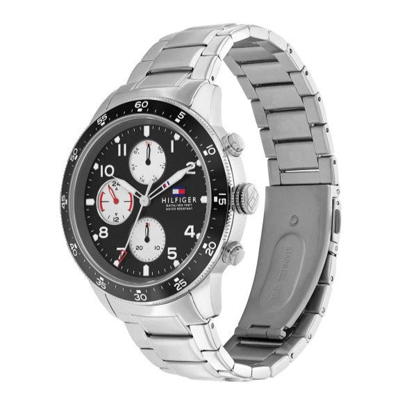 Side view of Tommy Hilfiger Jimmy watch displaying silver steel link bracelet and case profile