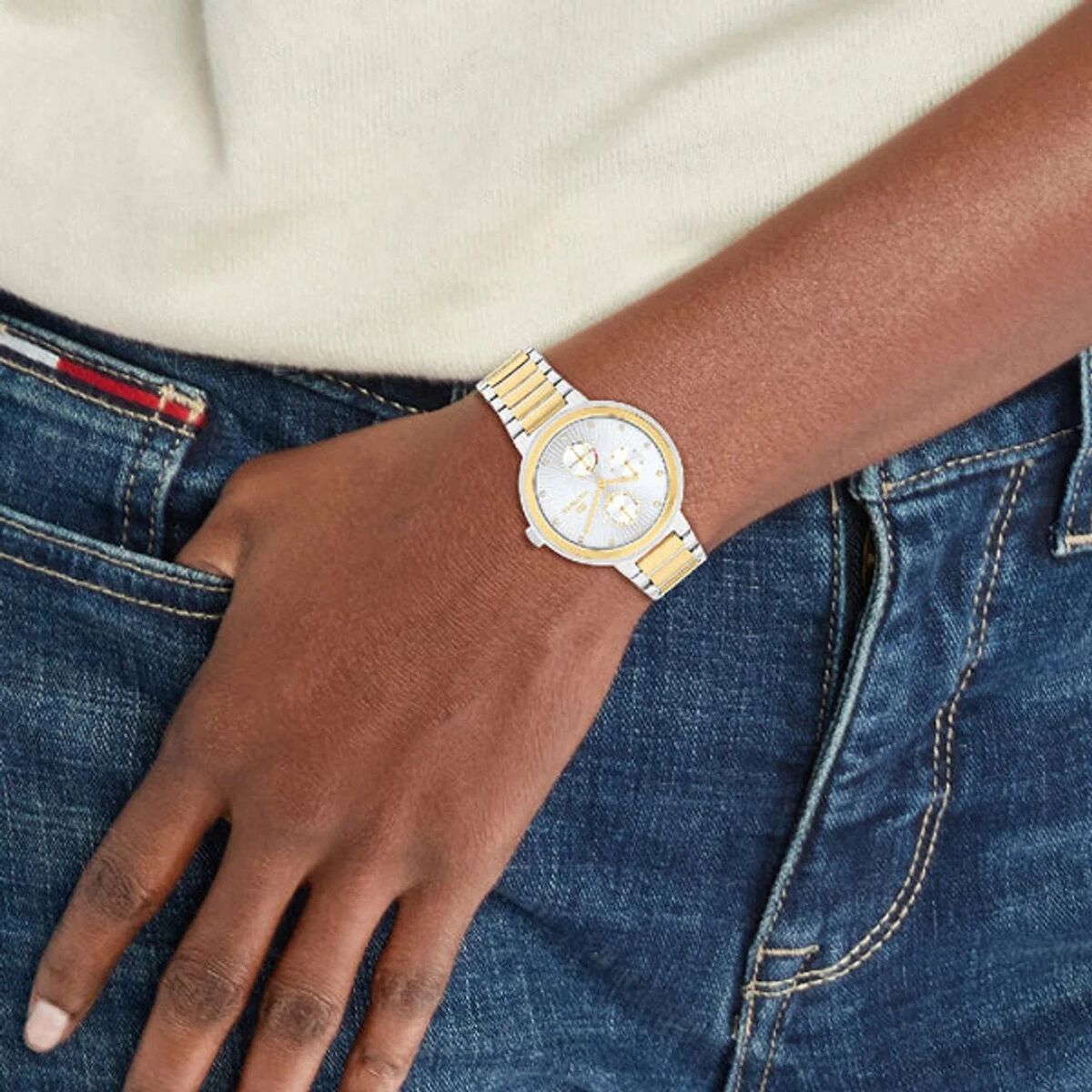Tommy Hilfiger Joy women's multicolour watch worn on wrist with two-tone bracelet