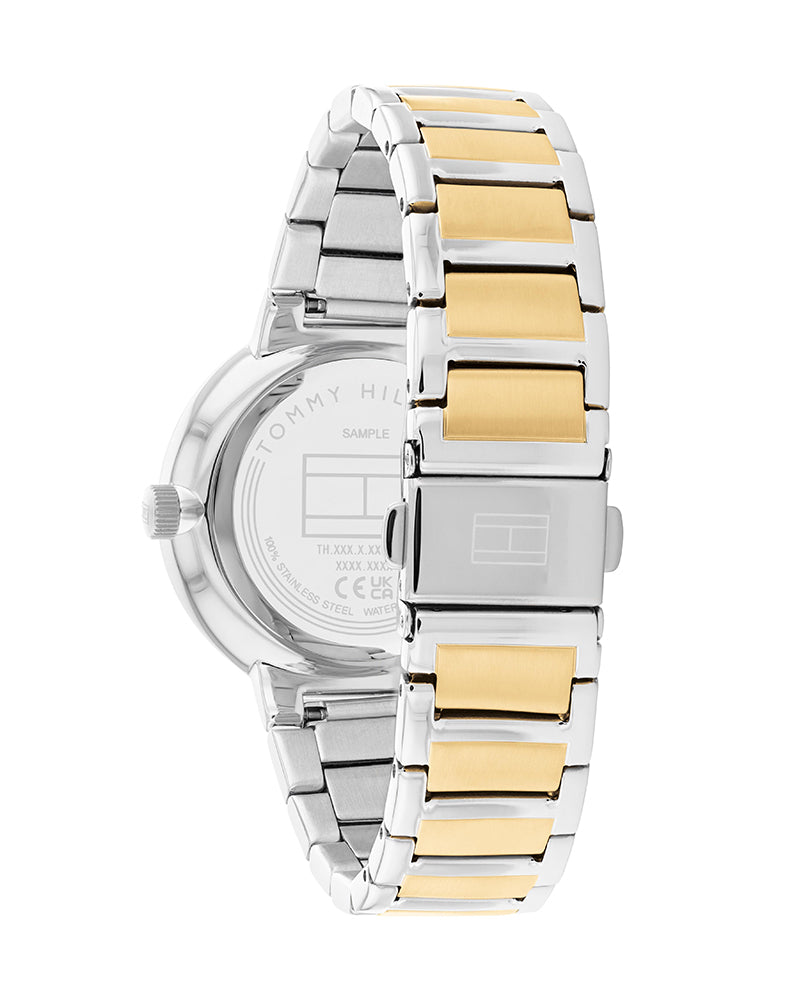Tommy Hilfiger Joy women's watch side view with two-tone gold and silver metal bracelet