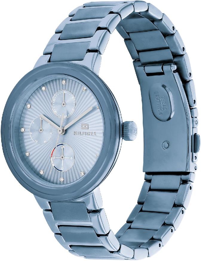 Tommy Hilfiger Joy women's watch shown at angle displaying dial and steel link bracelet
