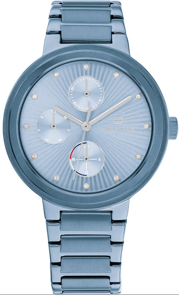 Tommy Hilfiger Joy women's watch with light blue dial, chronograph subdials, and blue steel bracelet