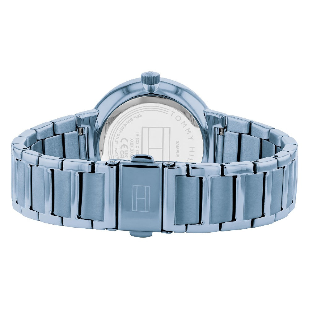 Tommy Hilfiger Joy women's watch side view of case, bezel, and steel bracelet