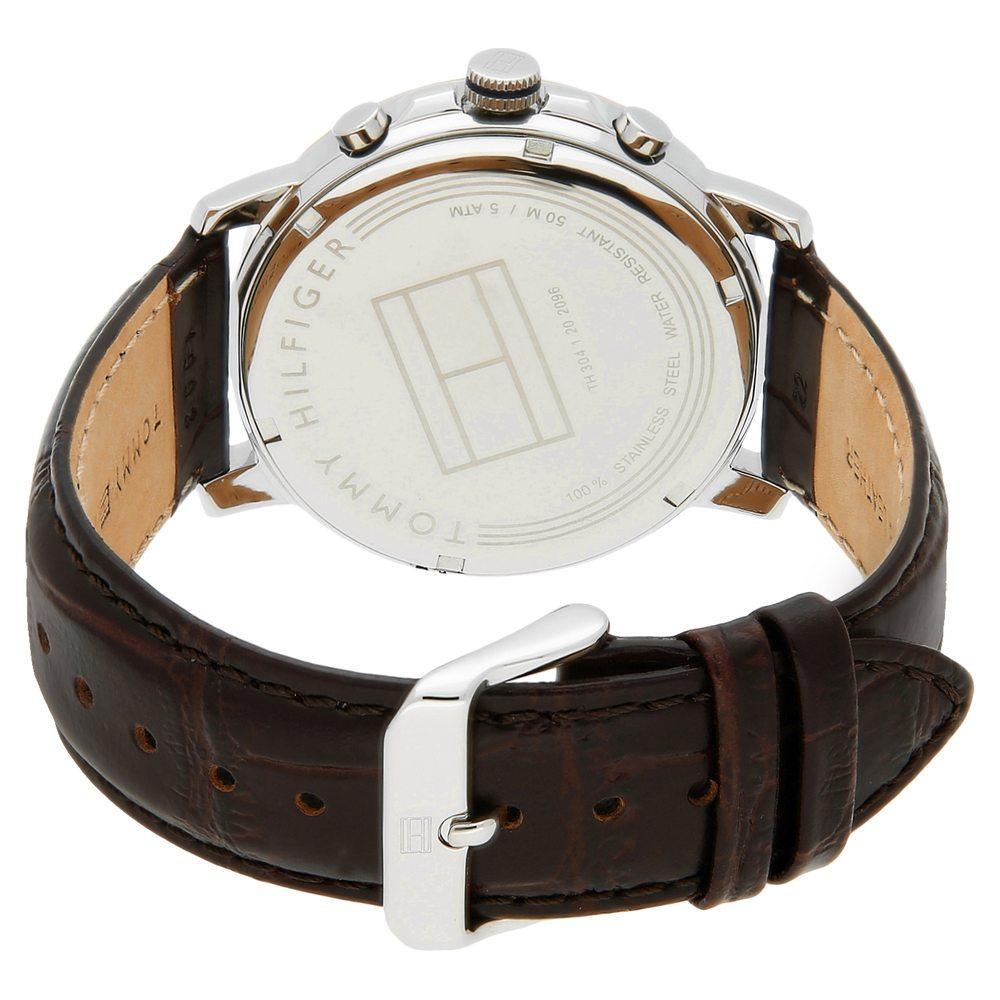 Tommy Hilfiger Keagan watch case back with engraved logo and brown leather strap