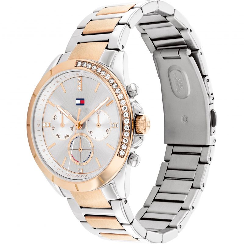 Side and front view of Kennedy watch showing two-tone stainless steel and rose gold bracelet