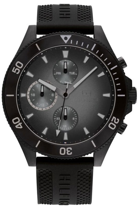Tommy Hilfiger Larson black chronograph watch with black rubber strap and rotating bezel