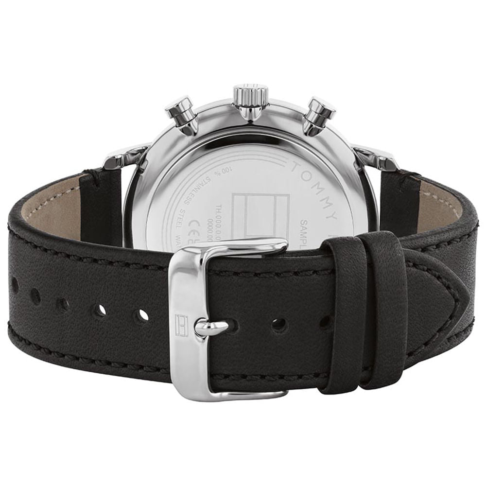 Bottom view of watch showing leather strap, buckle, and caseback