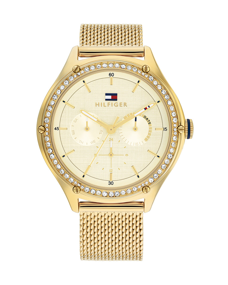 Tommy Hilfiger Lexi women's watch with gold case, crystal bezel, champagne dial, and gold mesh strap