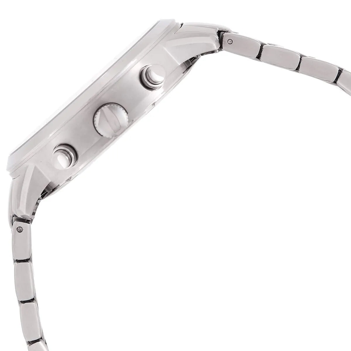 Side profile of Tommy Hilfiger Liam watch showing stainless steel case and chronograph pushers