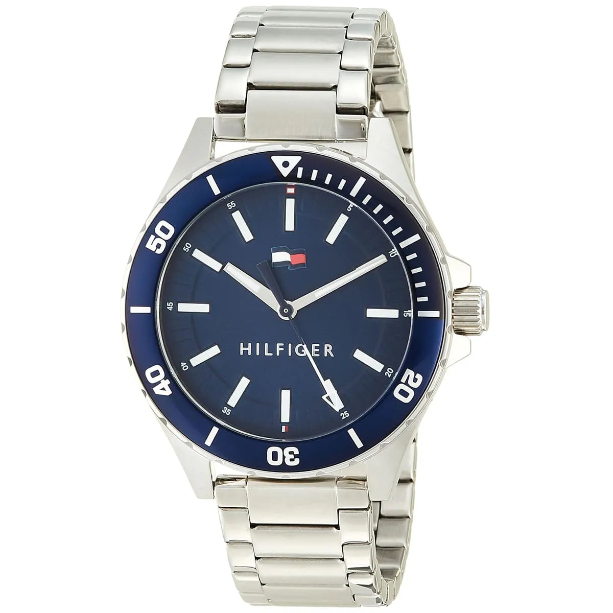 Tommy Hilfiger Logan watch angled view showing blue dial and silver metal bracelet