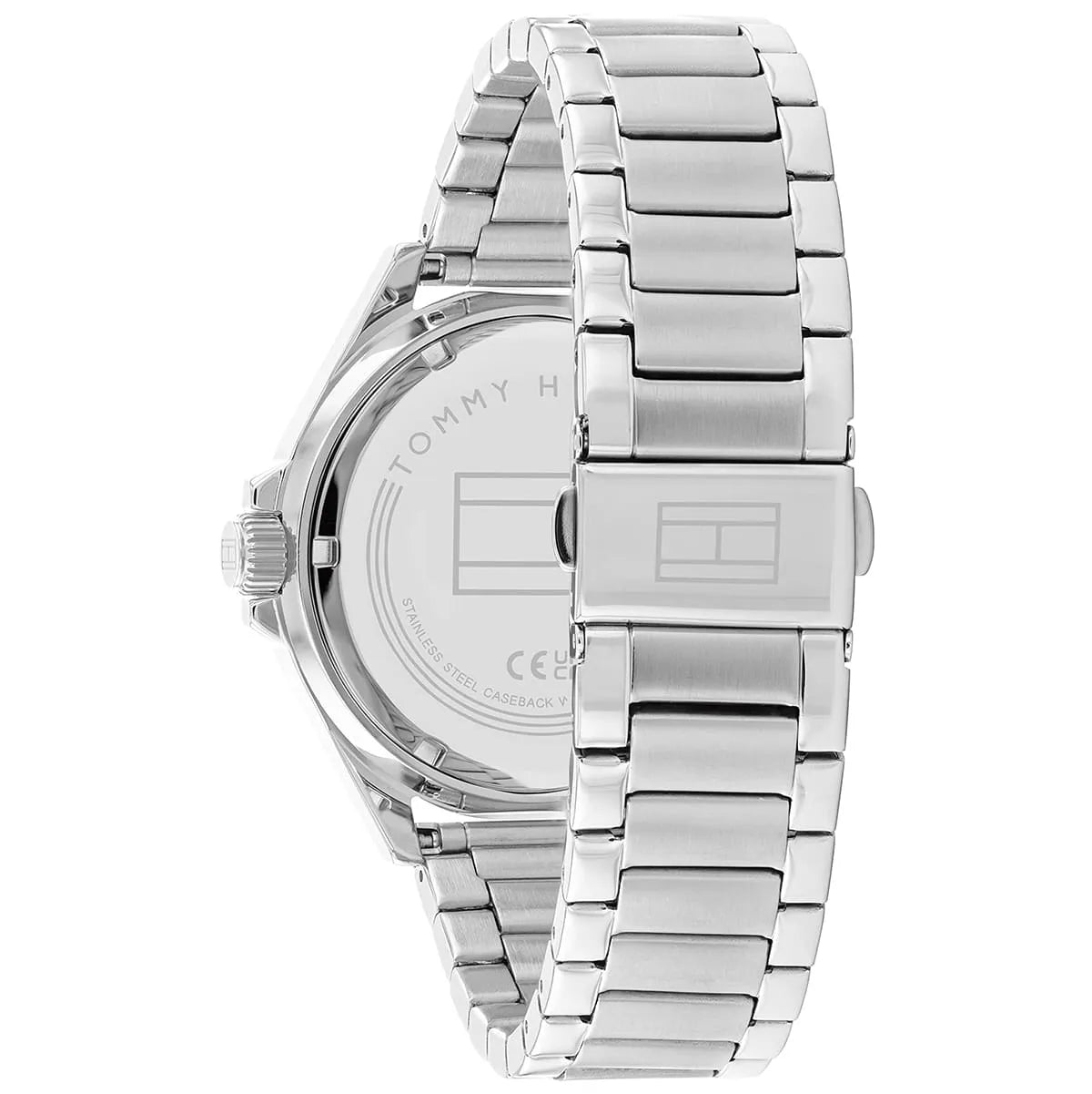 Caseback of Tommy Hilfiger Logan watch showing silver stainless steel case