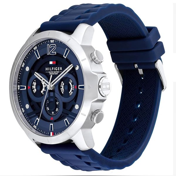 Tommy Hilfiger Luca watch shown at angle with blue rubber strap