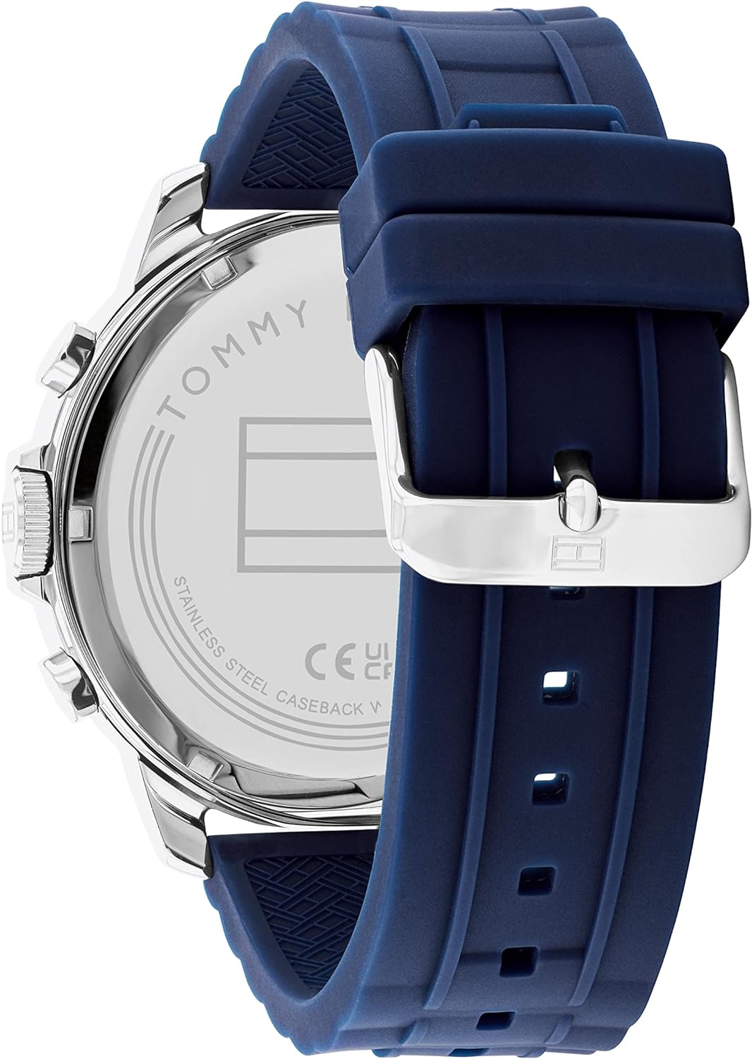 Tommy Hilfiger Luca watch caseback showing TOMMY branding and water resistance