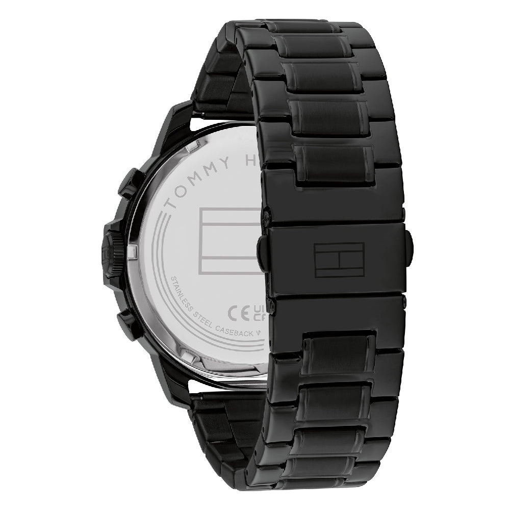 Tommy Hilfiger Luca caseback showing watch movement and steel bracelet