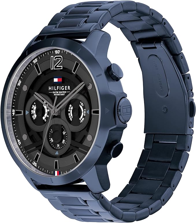 Tommy Hilfiger Luca blue watch shown from side angle with stainless steel link bracelet