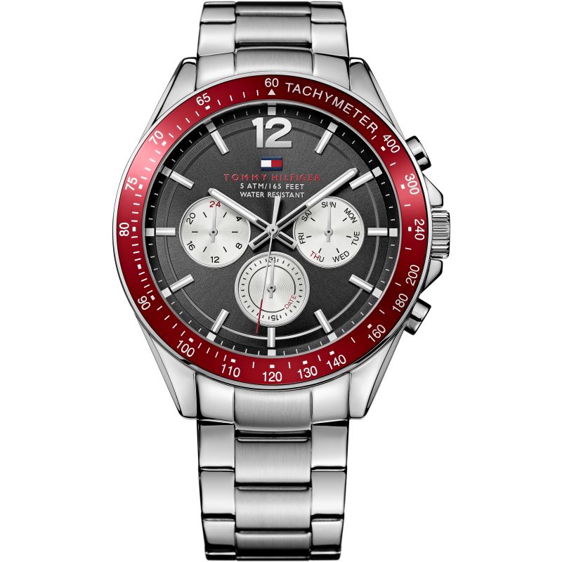 Tommy Hilfiger Luke black dial chronograph with red tachymeter bezel and stainless steel bracelet