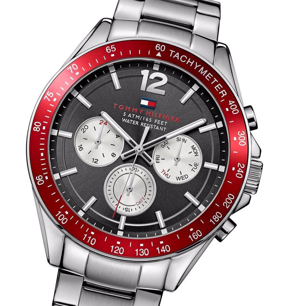 Close-up of Tommy Hilfiger Luke dial showing three subdials and tachymeter scale
