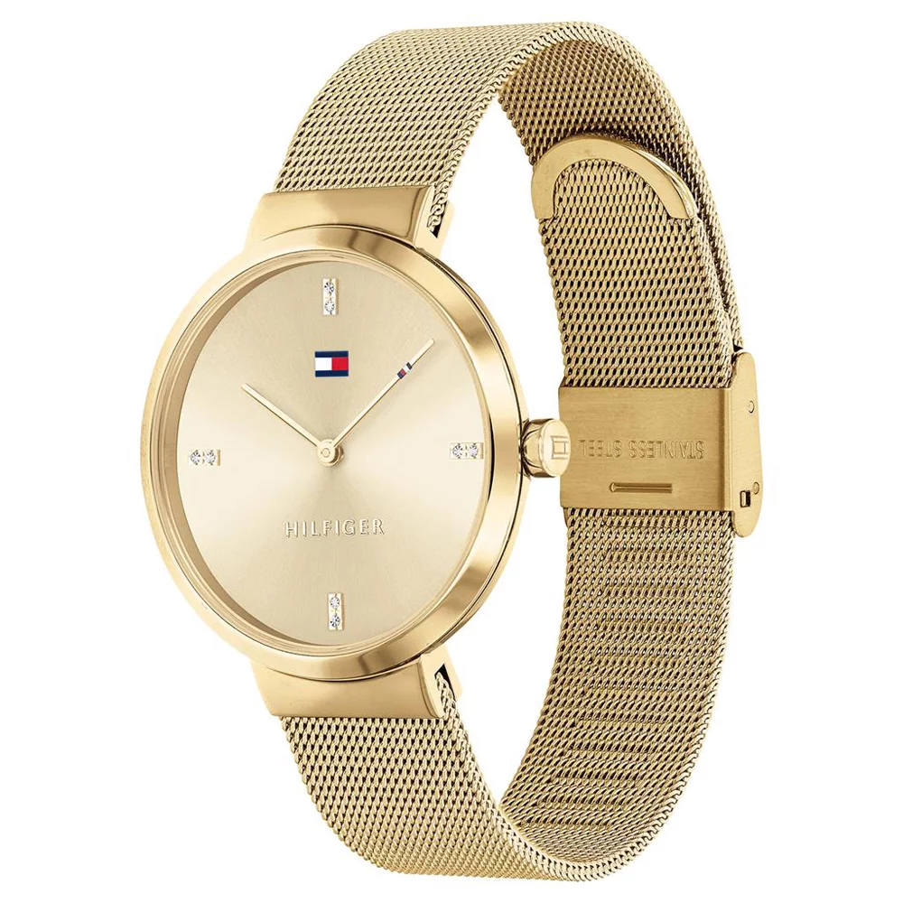 Tommy Hilfiger Lynn watch side angle showing gold mesh bracelet and gold case