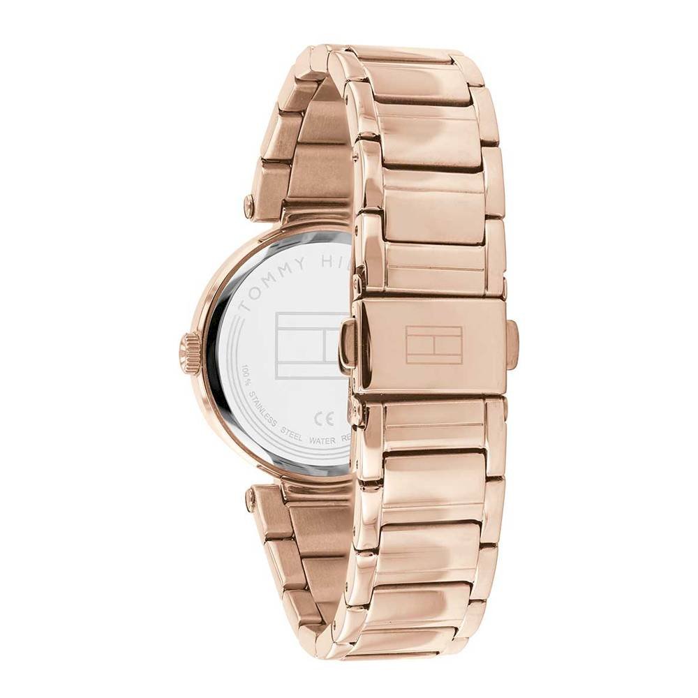 Rose gold stainless steel watch caseback with Tommy Hilfiger logo and text