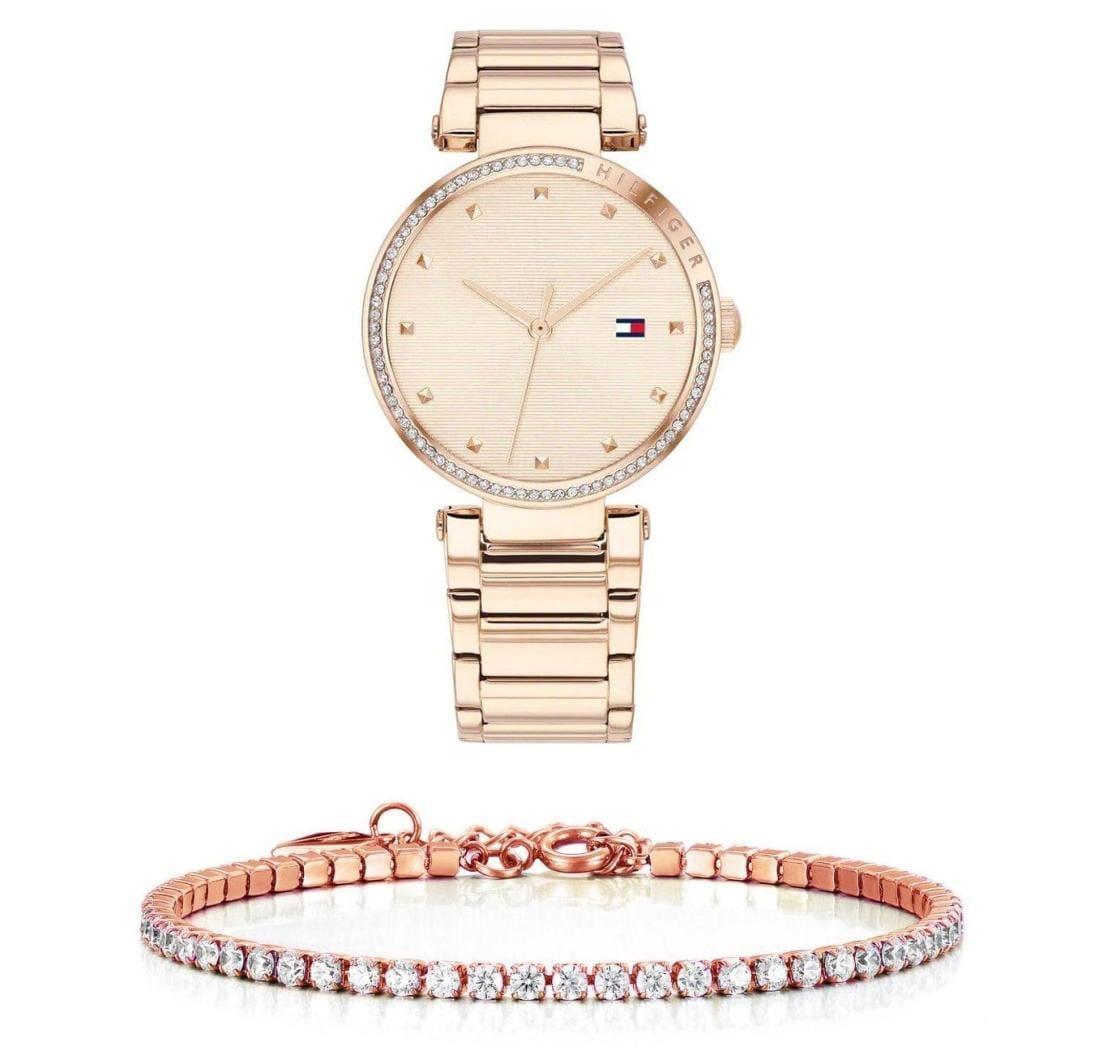 Tommy Hilfiger Lynn rose gold watch with coordinating crystal tennis bracelet