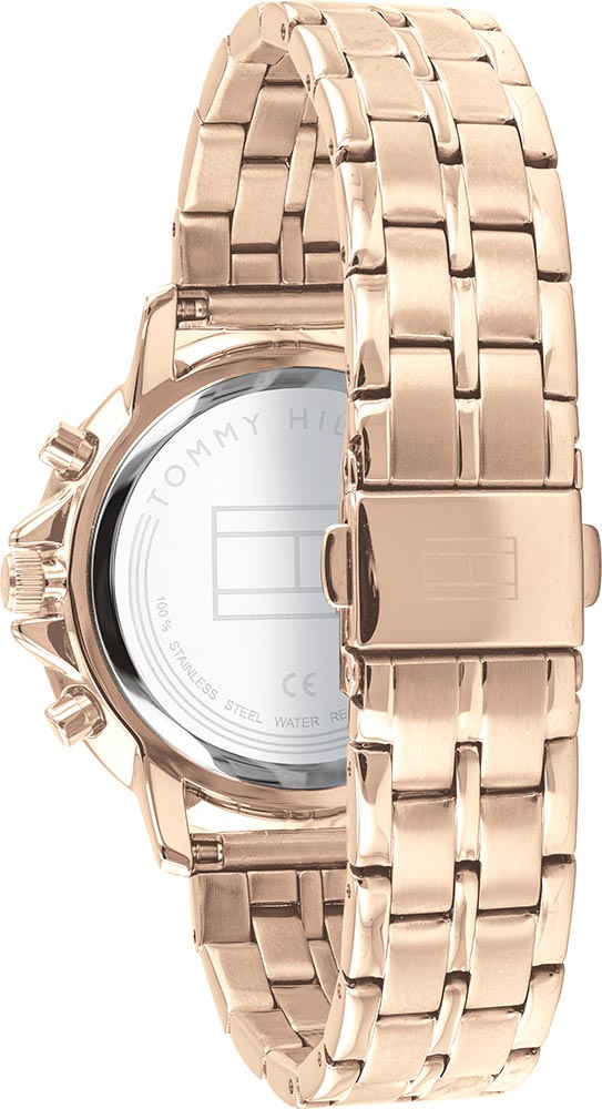 Tommy Hilfiger Madison watch caseback detail with rose gold bracelet