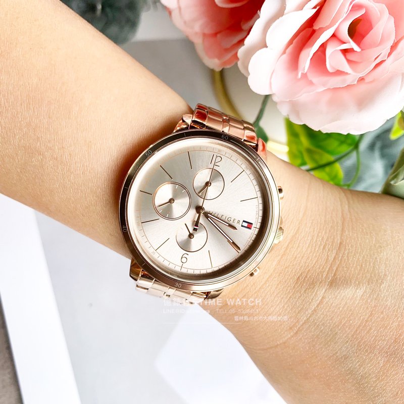 Tommy Hilfiger Madison watch worn on wrist with rose gold case and multifunction dial