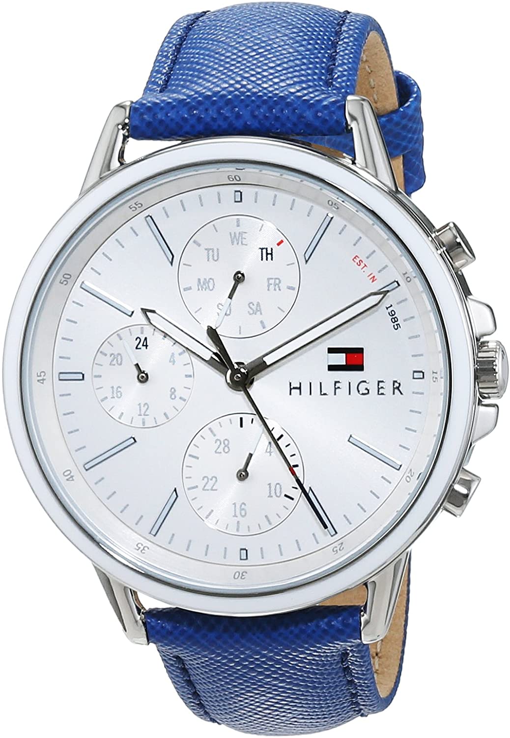 Tommy Hilfiger Mason chronograph watch angled view showing white dial and blue textile strap